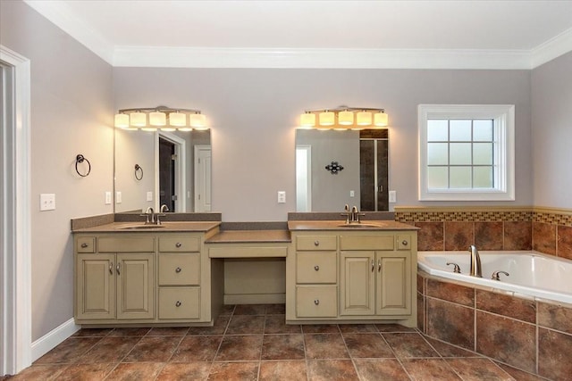 full bathroom featuring a bath, ornamental molding, and vanity