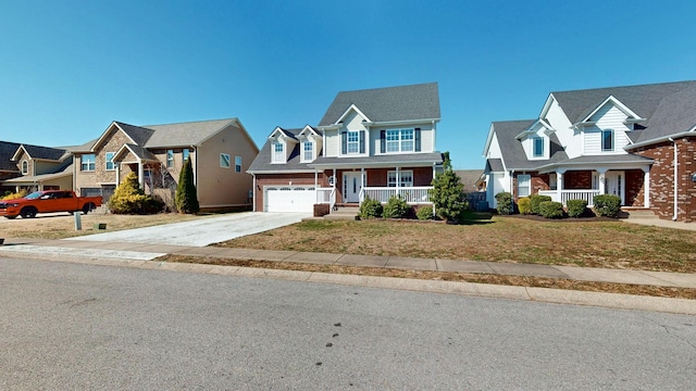 view of front of house featuring a porch, a residential view, concrete driveway, and a front lawn