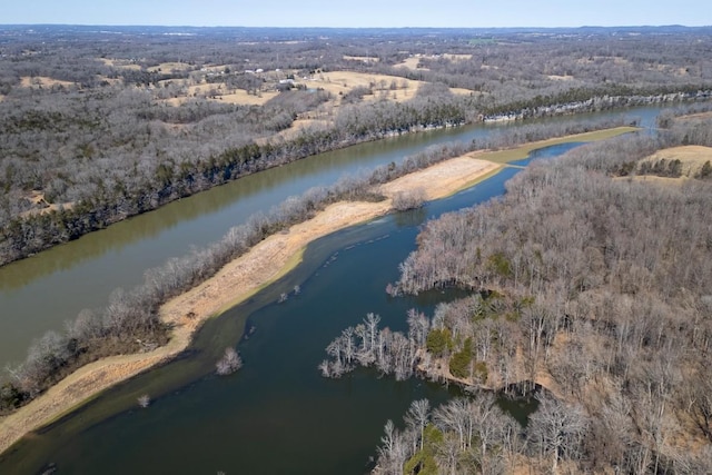 aerial view featuring a water view and a view of trees