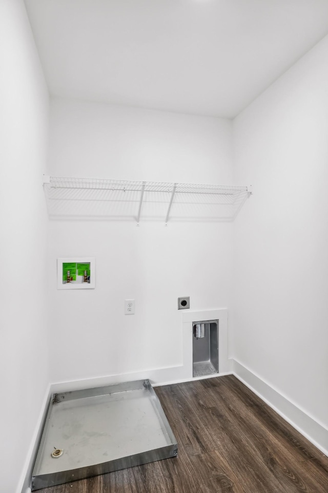 laundry room with laundry area, washer hookup, dark wood-style flooring, baseboards, and electric dryer hookup