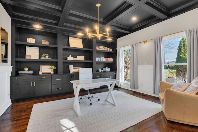 office area with built in shelves, dark wood-style flooring, coffered ceiling, and plenty of natural light