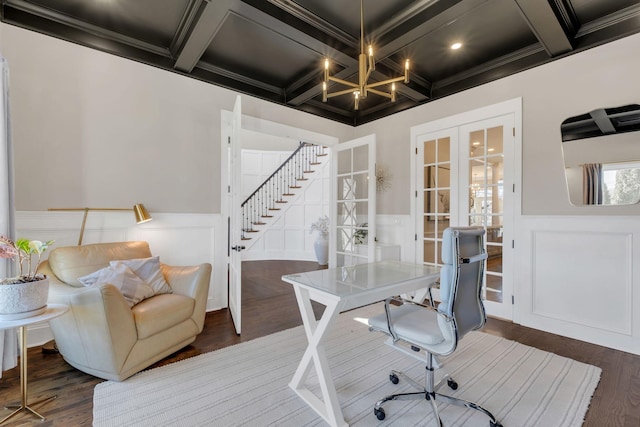 office featuring coffered ceiling, beamed ceiling, and french doors