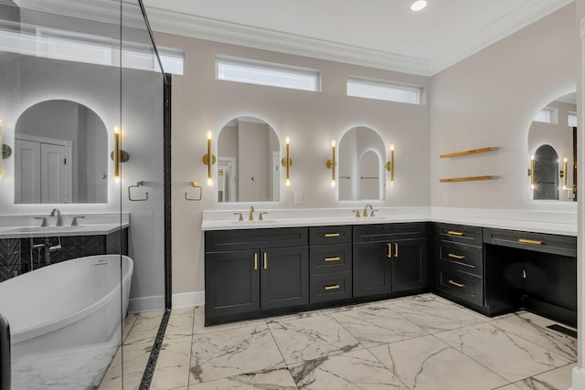 bathroom with marble finish floor, ornamental molding, and a sink