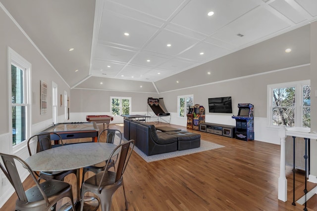 dining area featuring ornamental molding, coffered ceiling, wood finished floors, and pool table