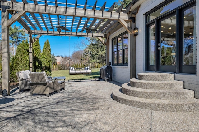 view of patio featuring outdoor lounge area, a pergola, and area for grilling