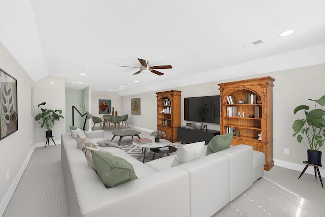 5704 Old Harding Pike, Nashville, TN 37205 - living room featuring baseboards, ceiling fan, recessed lighting, and vaulted ceiling