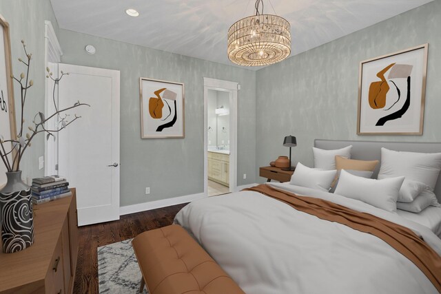 5704 Old Harding Pike, Nashville, TN 37205 - bedroom featuring a chandelier, baseboards, wood finished floors, and connected bathroom