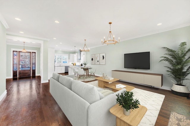 5704 Old Harding Pike, Nashville, TN 37205 - living area featuring a chandelier, ornamental molding, baseboards, dark wood-style flooring, and recessed lighting