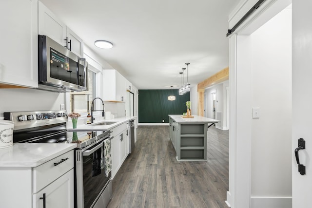 kitchen with open shelves, stainless steel appliances, a barn door, white cabinets, and a sink