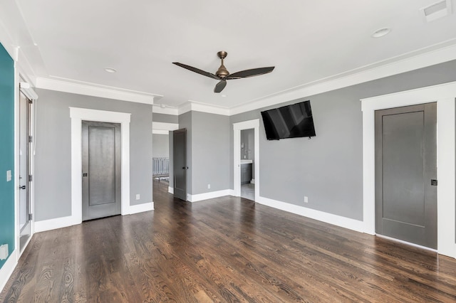 unfurnished bedroom featuring baseboards, visible vents, elevator, dark wood-style floors, and ensuite bathroom