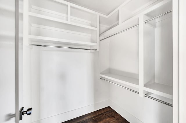 walk in closet with dark wood-type flooring