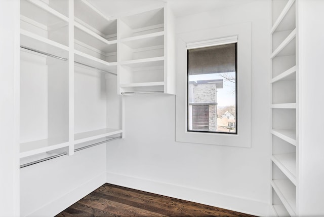 walk in closet with dark wood-style flooring