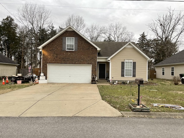 traditional-style home with an attached garage, a front lawn, concrete driveway, and brick siding