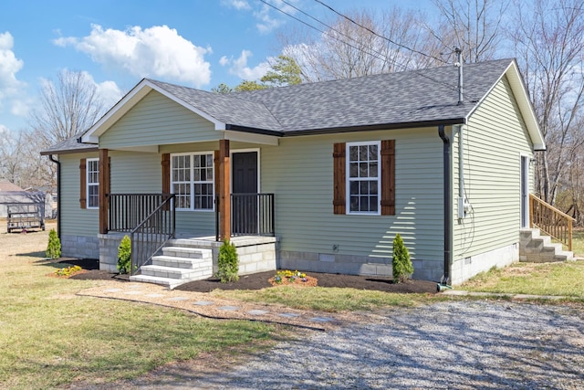 view of front of house with covered porch, roof with shingles, and crawl space