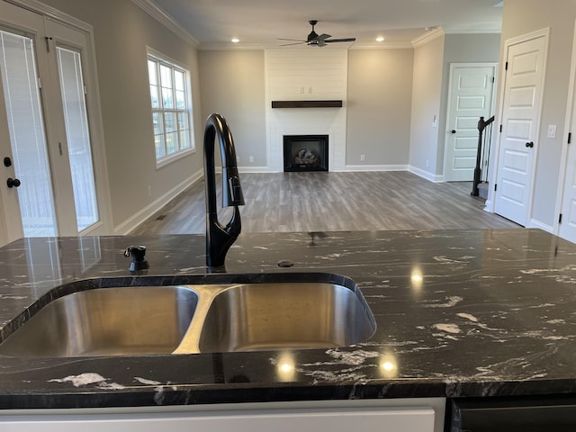 room details with a large fireplace, ornamental molding, dark stone countertops, and a sink