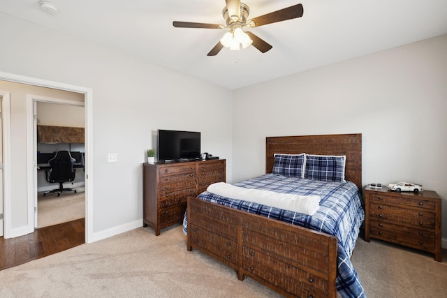 bedroom with carpet floors, ceiling fan, and baseboards