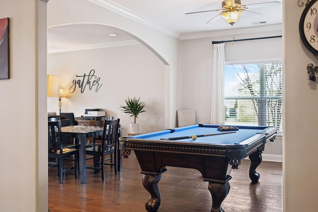 game room with baseboards, ceiling fan, wood finished floors, pool table, and crown molding