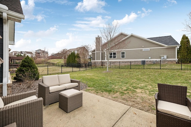 view of yard featuring an outdoor hangout area, a patio, and a fenced backyard