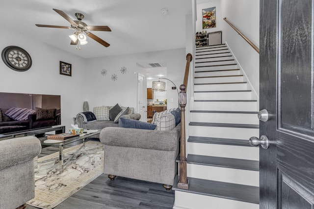 820 Lower Park Pl, Antioch, TN 37013 - living area featuring stairway, a ceiling fan, visible vents, and dark wood-style flooring