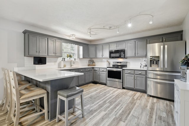 kitchen featuring a peninsula, a sink, appliances with stainless steel finishes, gray cabinets, and light wood finished floors