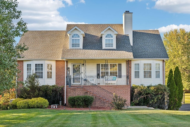 cape cod-style house with a shingled roof, brick siding, a chimney, and a front lawn