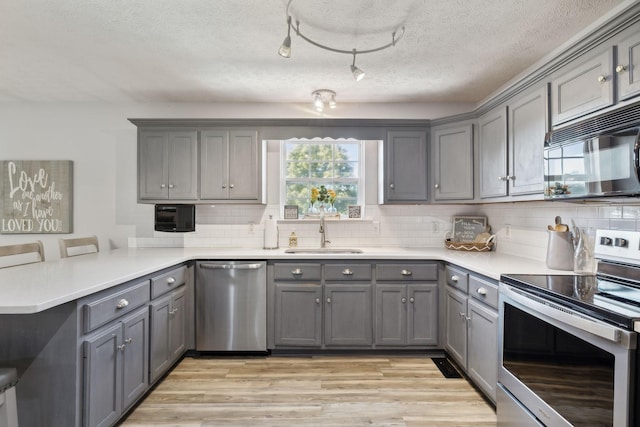 kitchen featuring appliances with stainless steel finishes, a sink, a peninsula, and gray cabinetry