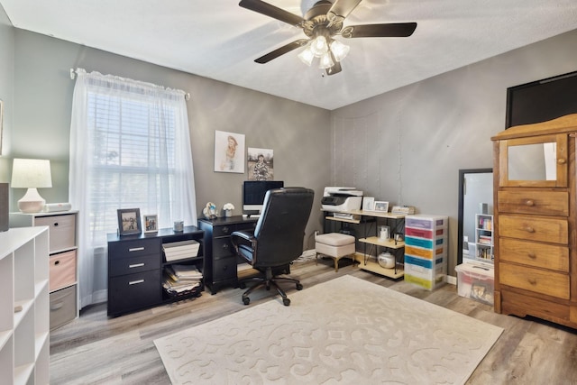 office space featuring ceiling fan and light wood finished floors