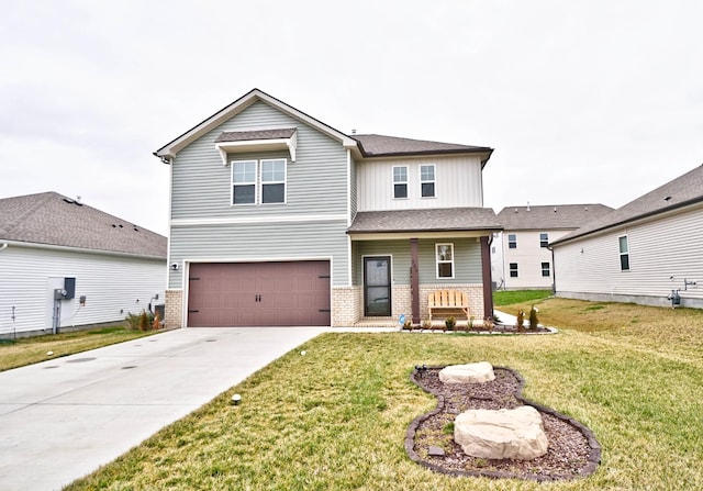 view of front facade with concrete driveway, brick siding, board and batten siding, and an attached garage