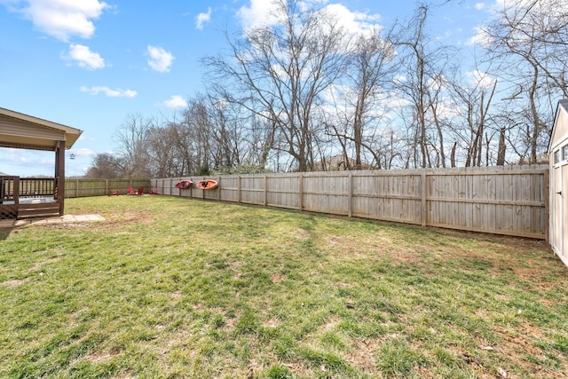 view of yard featuring a fenced backyard and a deck