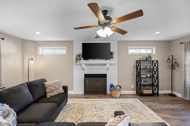 living room featuring a large fireplace, plenty of natural light, and wood finished floors