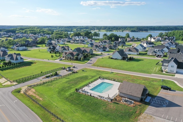 aerial view featuring a water view and a residential view