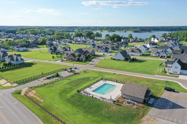 aerial view featuring a residential view and a water view