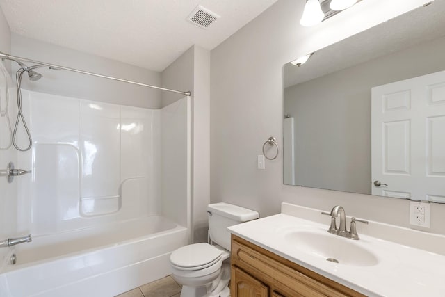 bathroom featuring visible vents, toilet, tile patterned floors,  shower combination, and vanity