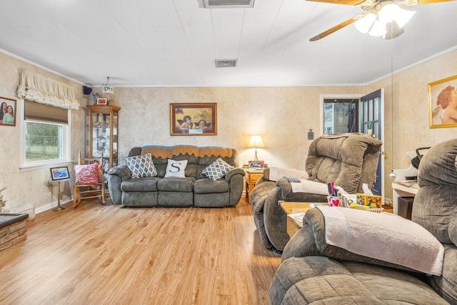 living area featuring crown molding, a ceiling fan, visible vents, and light wood-style floors