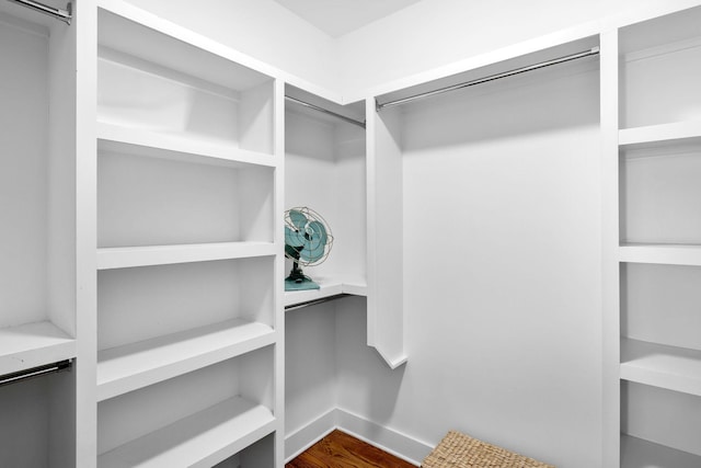 walk in closet with a barn door and dark wood-type flooring