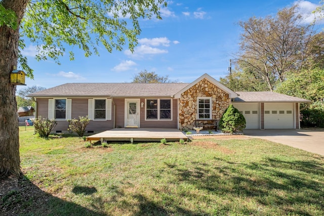 single story home with an attached garage, a front yard, crawl space, stone siding, and driveway