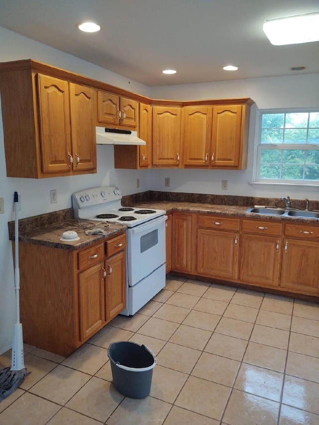 kitchen with under cabinet range hood, a sink, white range with electric stovetop, brown cabinetry, and dark countertops