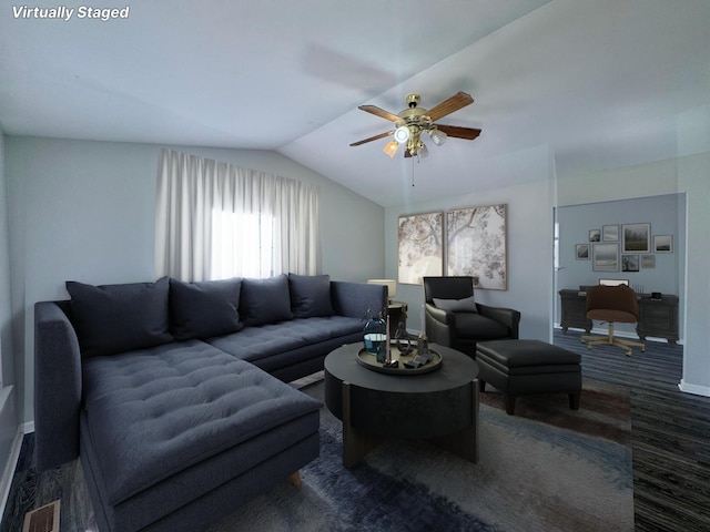 living area with ceiling fan, dark wood finished floors, baseboards, lofted ceiling, and visible vents