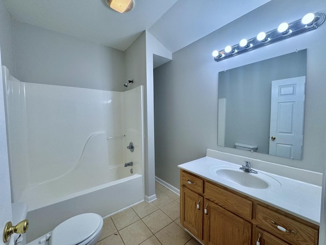 bathroom featuring tile patterned flooring, bathing tub / shower combination, visible vents, toilet, and vanity