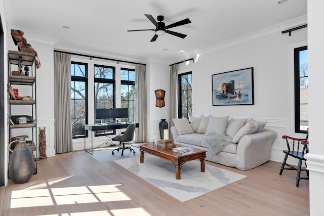 living room with ceiling fan, a decorative wall, crown molding, and wood finished floors