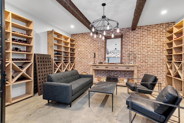 wine cellar with brick wall, beamed ceiling, and recessed lighting