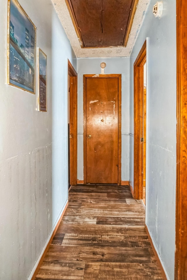 hall featuring attic access, a tray ceiling, and wood finished floors