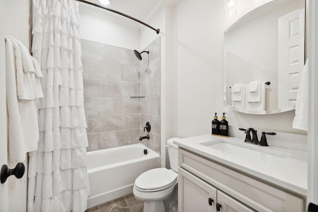 full bath featuring ornamental molding, shower / tub combo, vanity, and toilet