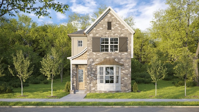 traditional-style house with a front lawn and brick siding