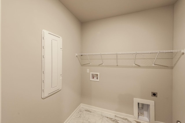 laundry room featuring hookup for a washing machine, baseboards, hookup for an electric dryer, laundry area, and marble finish floor