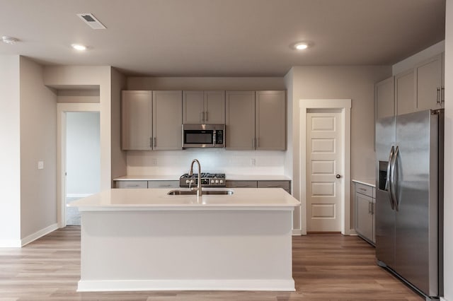 kitchen featuring visible vents, gray cabinetry, a sink, tasteful backsplash, and stainless steel appliances