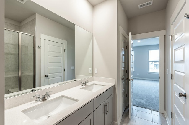 full bath with a shower stall, visible vents, tile patterned floors, and a sink