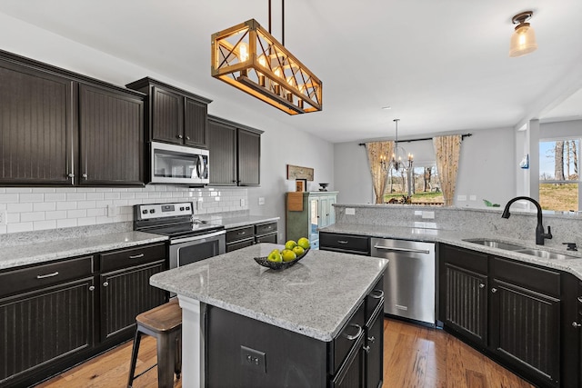 kitchen with stainless steel appliances, a sink, light wood-type flooring, backsplash, and a center island