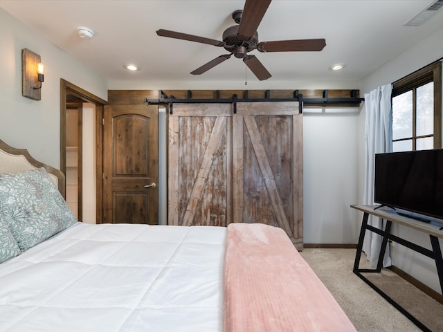 carpeted bedroom featuring baseboards, visible vents, a ceiling fan, and recessed lighting