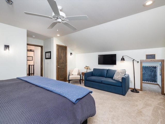 bedroom with carpet floors, vaulted ceiling, a ceiling fan, and recessed lighting